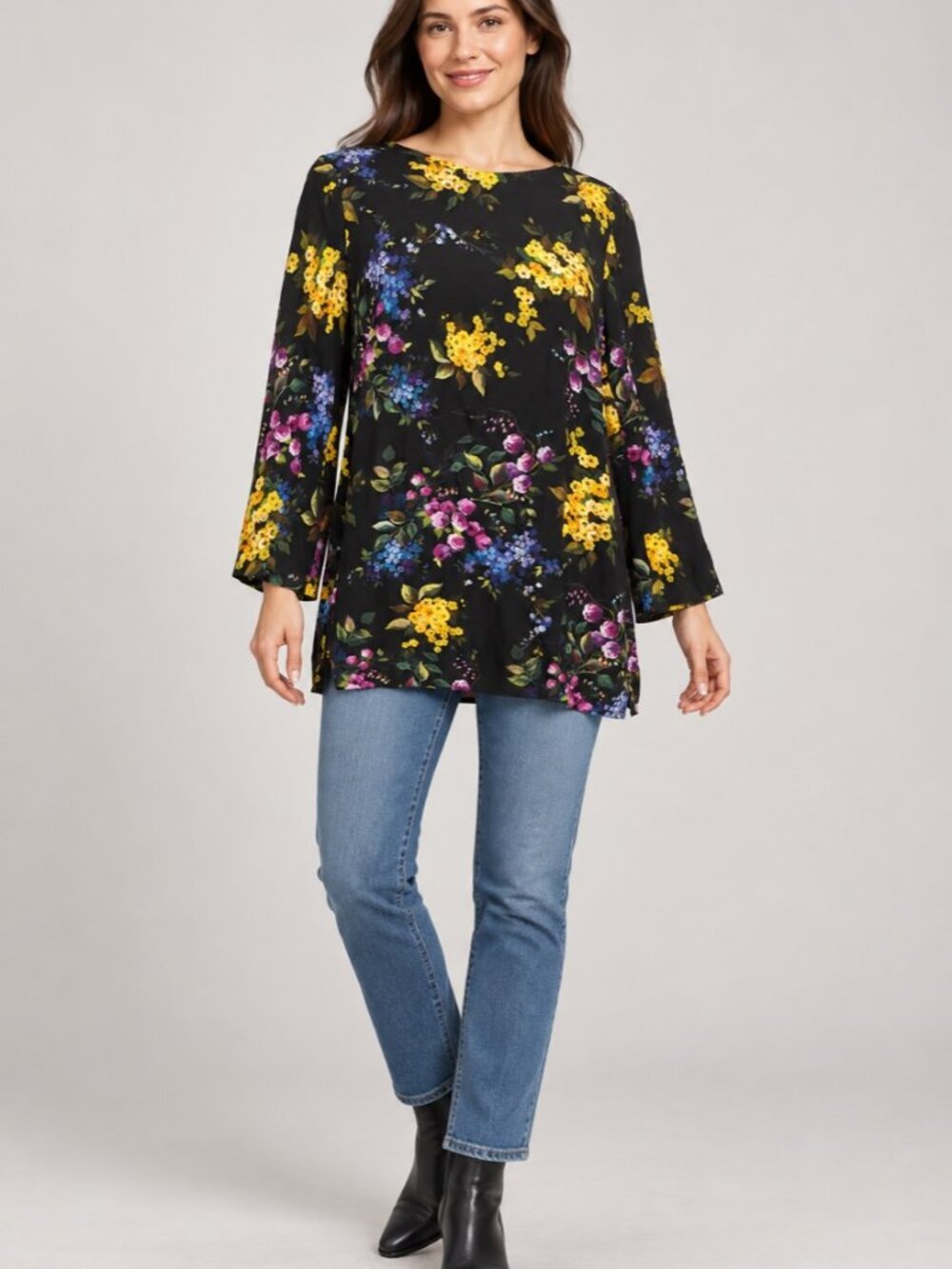 Escada Floral Viscose Tunic Blouse Black 3/4 Sleeve EU 40 US 10